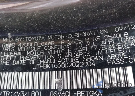 2013 Lexus Es 350 from USA, damaged, VIN JTHBK1GG0D2022004